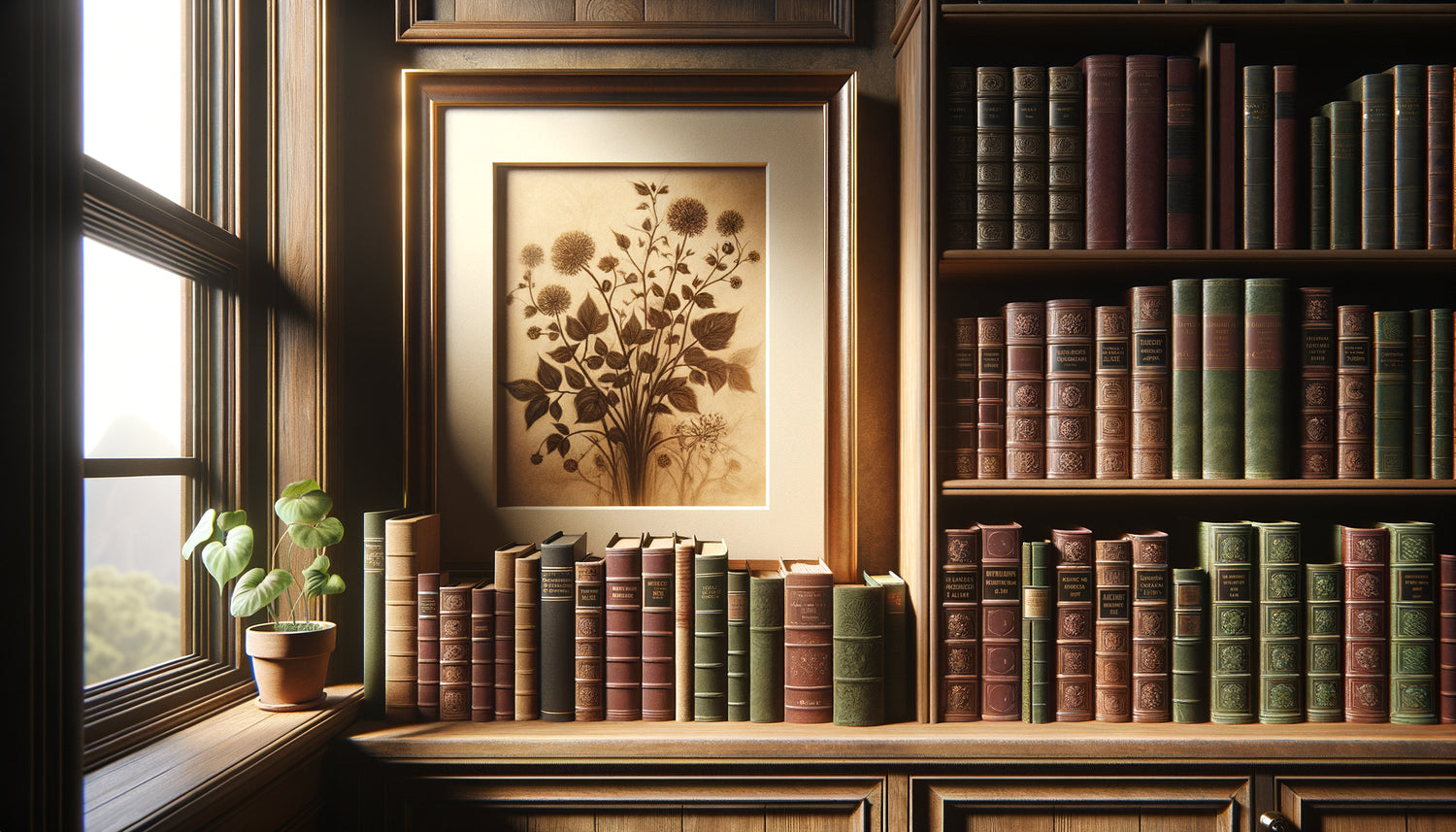 Œuvre encadrée sans verre au-dessus d'une bibliothèque, texture du papier visible, ambiance chaleureuse de lecture
