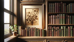 Œuvre encadrée sans verre au-dessus d'une bibliothèque, texture du papier visible, ambiance chaleureuse de lecture