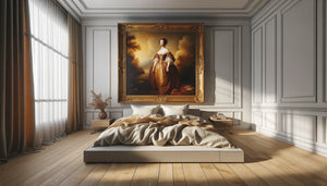 Chambre contemporaine 2025 avec tableau figuratif classique portrait 18ème siècle encadré or au-dessus du lit minimaliste
