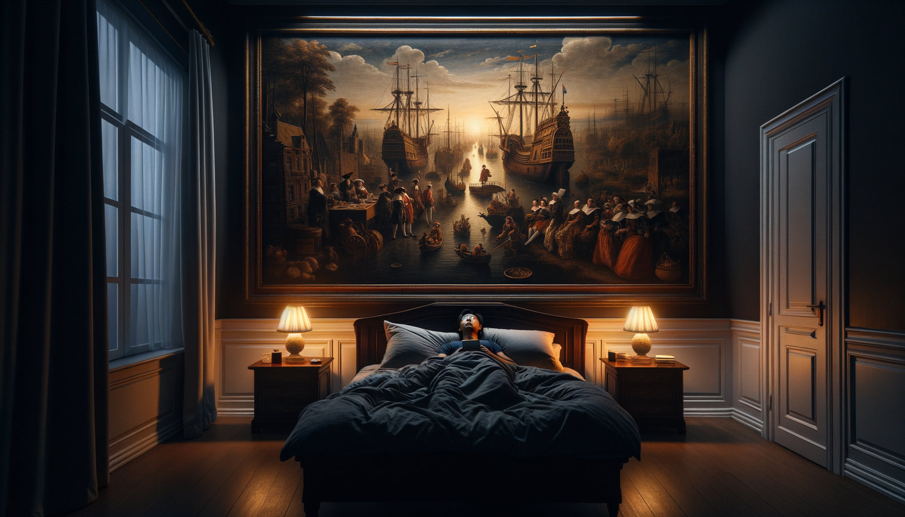Personne allongée dans son lit fixant un tableau narratif détaillé accroché face à elle, incapable de dormir