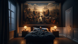Personne allongée dans son lit fixant un tableau narratif détaillé accroché face à elle, incapable de dormir