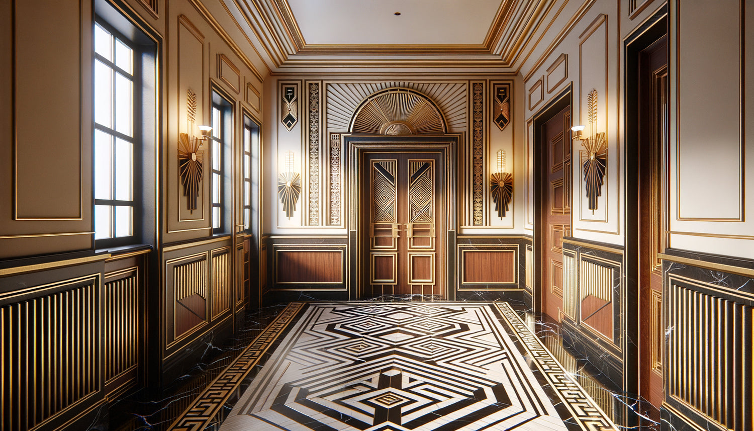 Couloir Art Déco authentique années 1920 avec œuvre géométrique murale aux motifs chevrons dorés et noirs