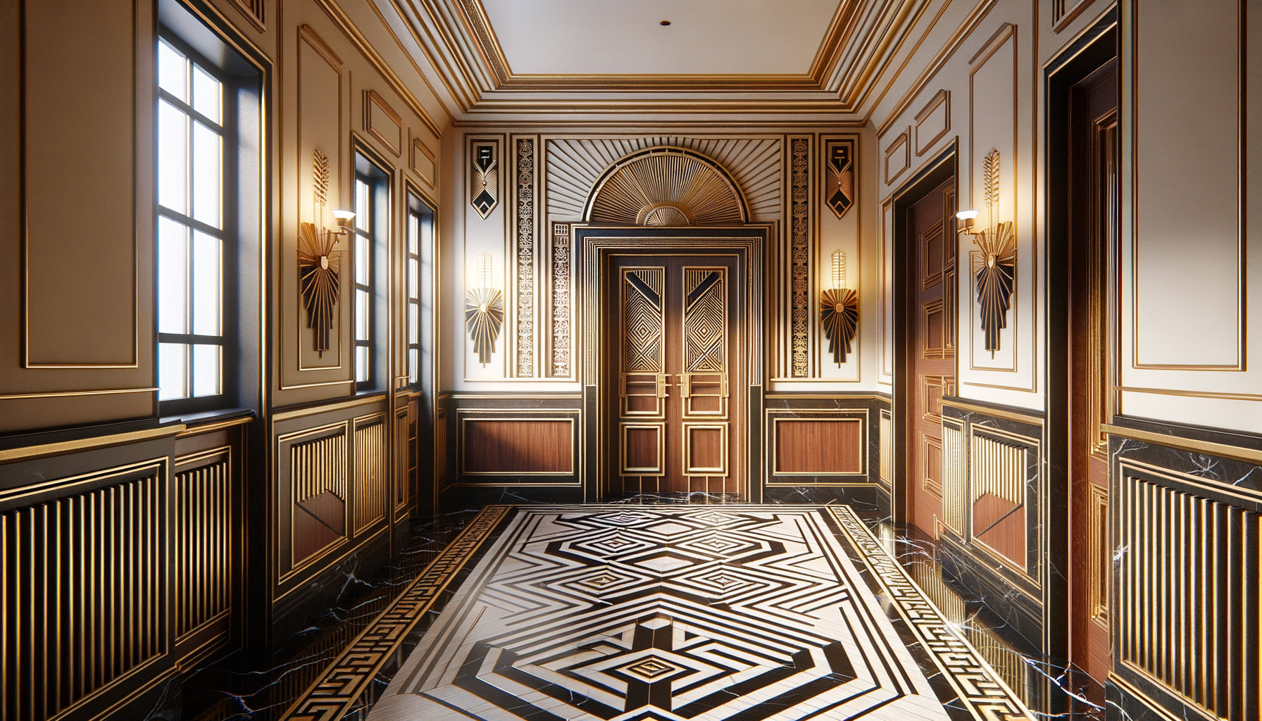 Couloir Art Déco authentique années 1920 avec œuvre géométrique murale aux motifs chevrons dorés et noirs