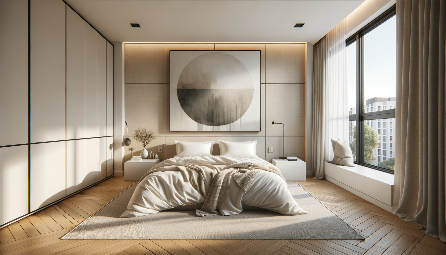 Chambre contemporaine de 15m² avec œuvre grand format au-dessus du lit créant un point focal