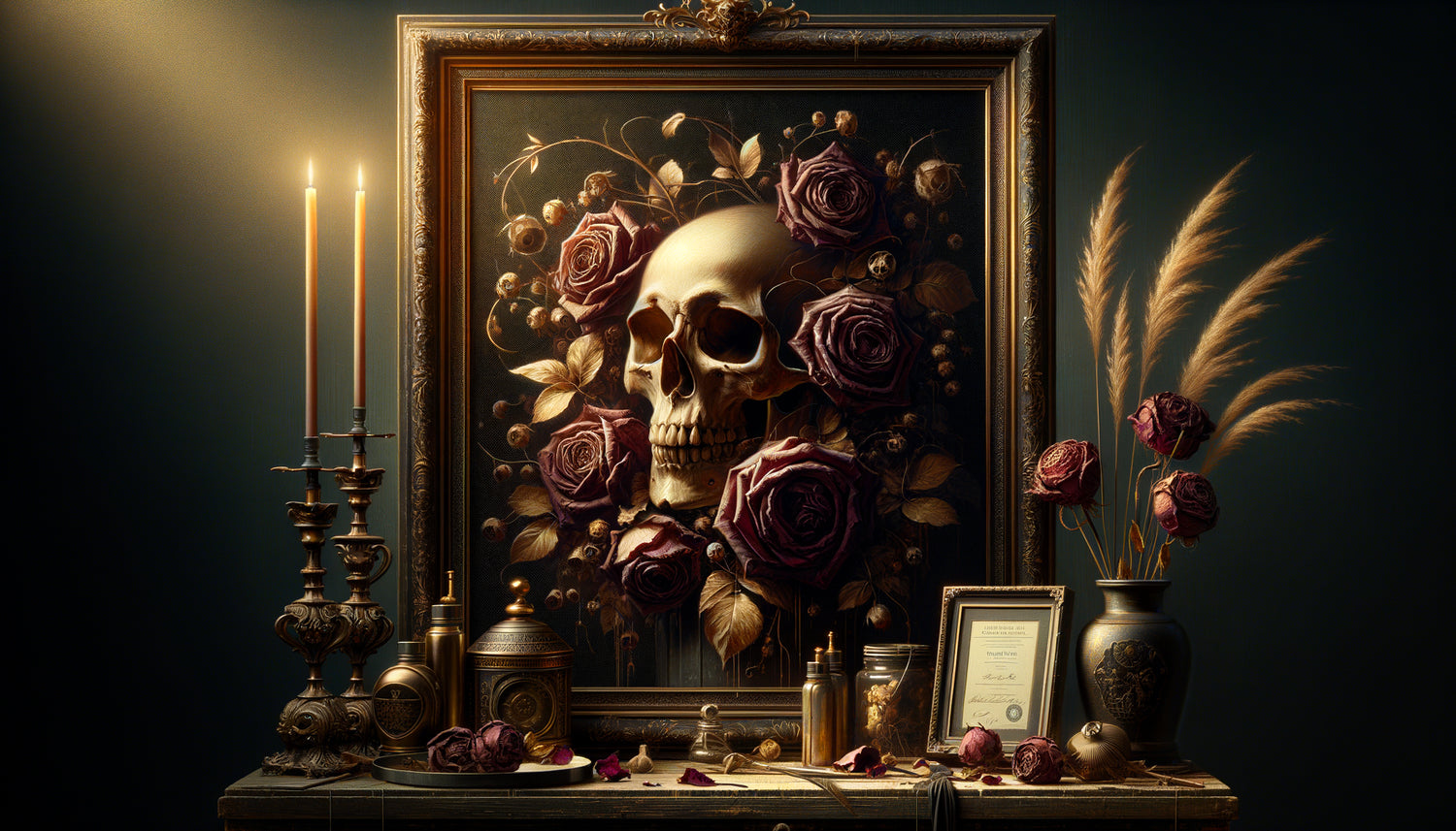 Peinture de galerie sophistiquée inspirée Halloween, esthétique romantisme sombre, nature morte baroque avec symbolique memento mori intemporelle