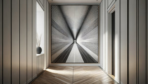 Couloir moderne avec œuvre à lignes de fuite créant une illusion de profondeur spectaculaire