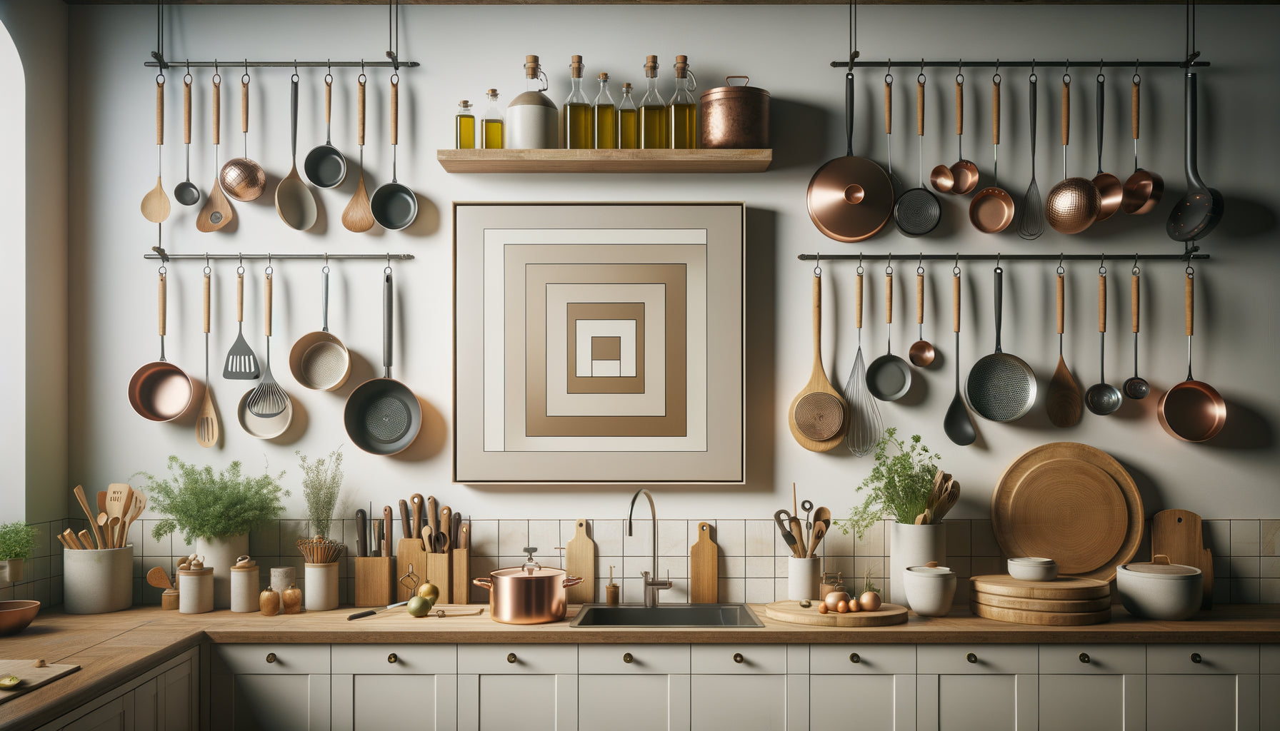 Cuisine moderne chargée d'ustensiles avec œuvre d'art minimaliste géométrique beige créant un contraste apaisant