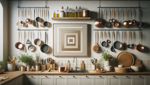 Cuisine moderne chargée d'ustensiles avec œuvre d'art minimaliste géométrique beige créant un contraste apaisant