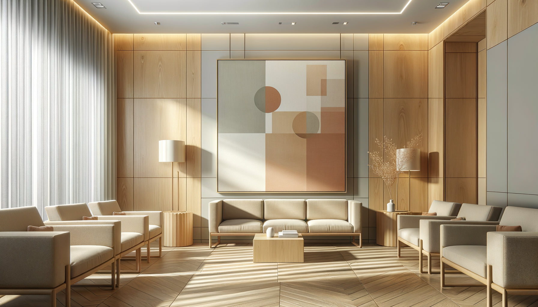 Salle d'attente professionnelle avec œuvre minimaliste abstraite aux tons beiges créant une ambiance apaisante et rassurante