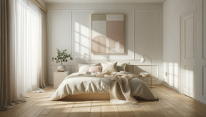 Chambre scandinave minimaliste avec œuvre abstraite épurée aux tons neutres, design nordique contemporain apaisant