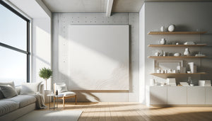 Studio minimaliste contemporain avec grande toile monochrome blanche texturée amplifiant la lumière naturelle