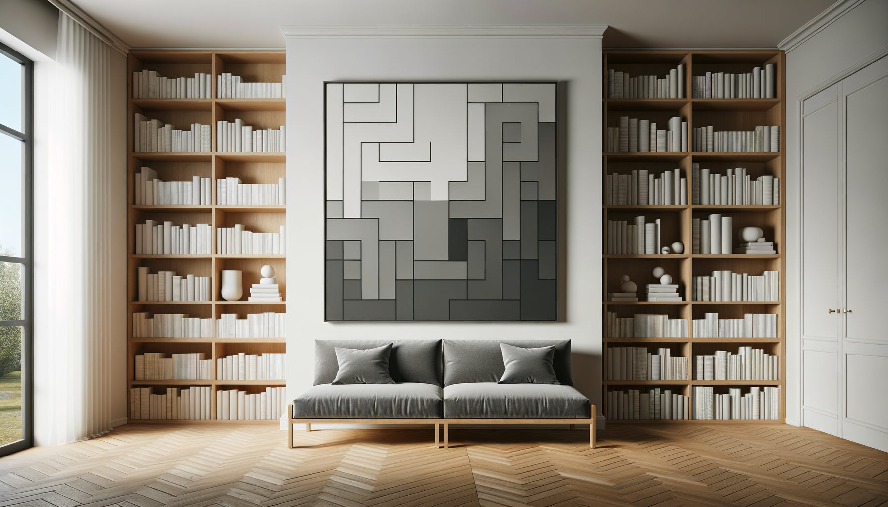 Bibliothèque moderne épurée avec grande œuvre monochrome abstraite grise sur mur blanc, étagères en bois contemporaines