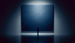 Toile monochrome bleu indigo avec texture subtile et reflet contemplatif, facilitant la projection mentale personnelle