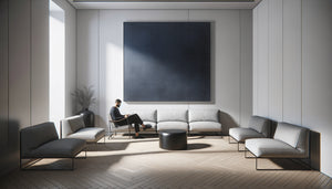 Salle d'attente contemporaine avec grande toile monochrome bleue créant une atmosphère apaisante et contemplative