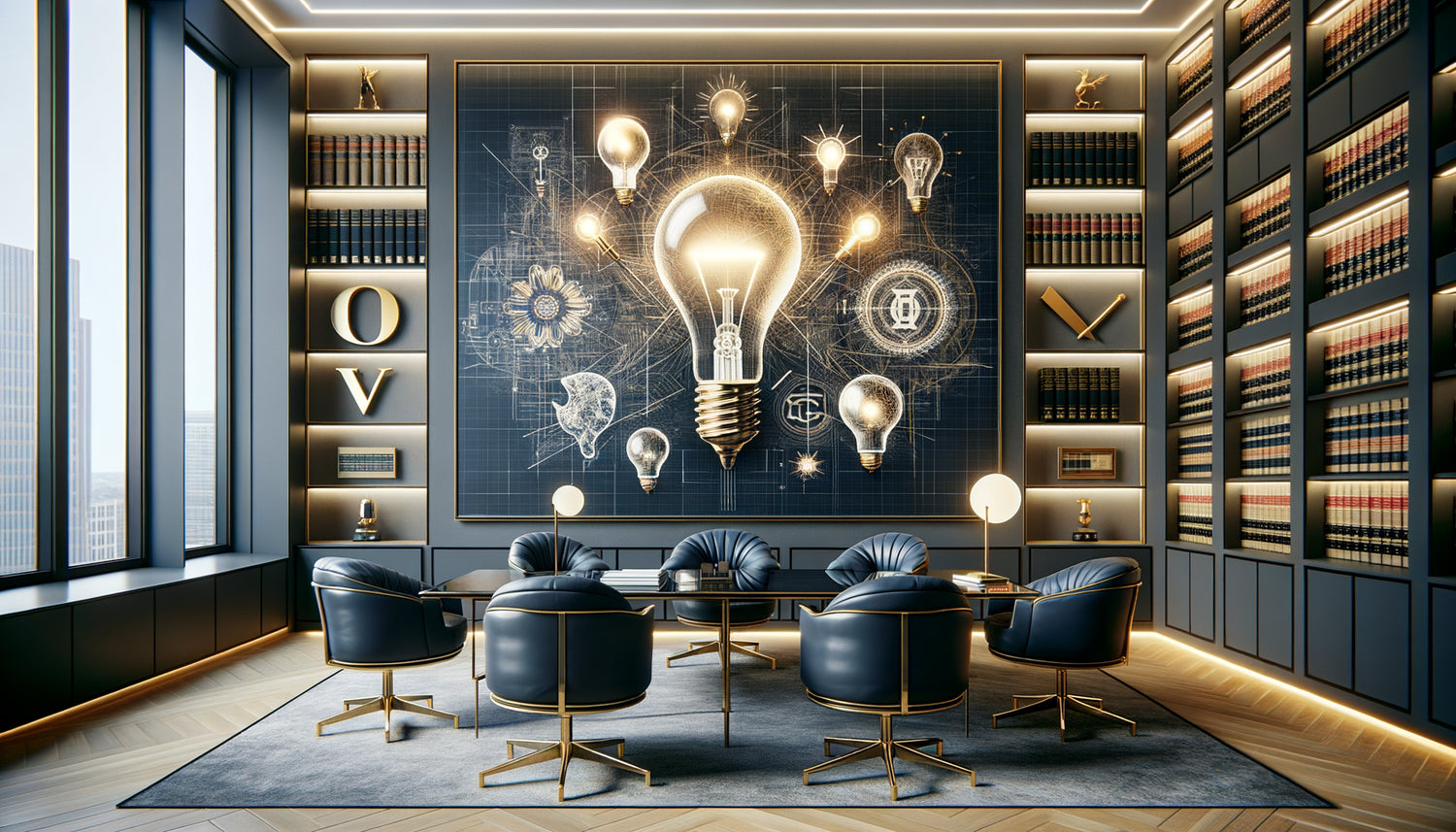 Œuvre murale abstraite évoquant propriété intellectuelle et innovation dans cabinet d'avocat moderne et élégant