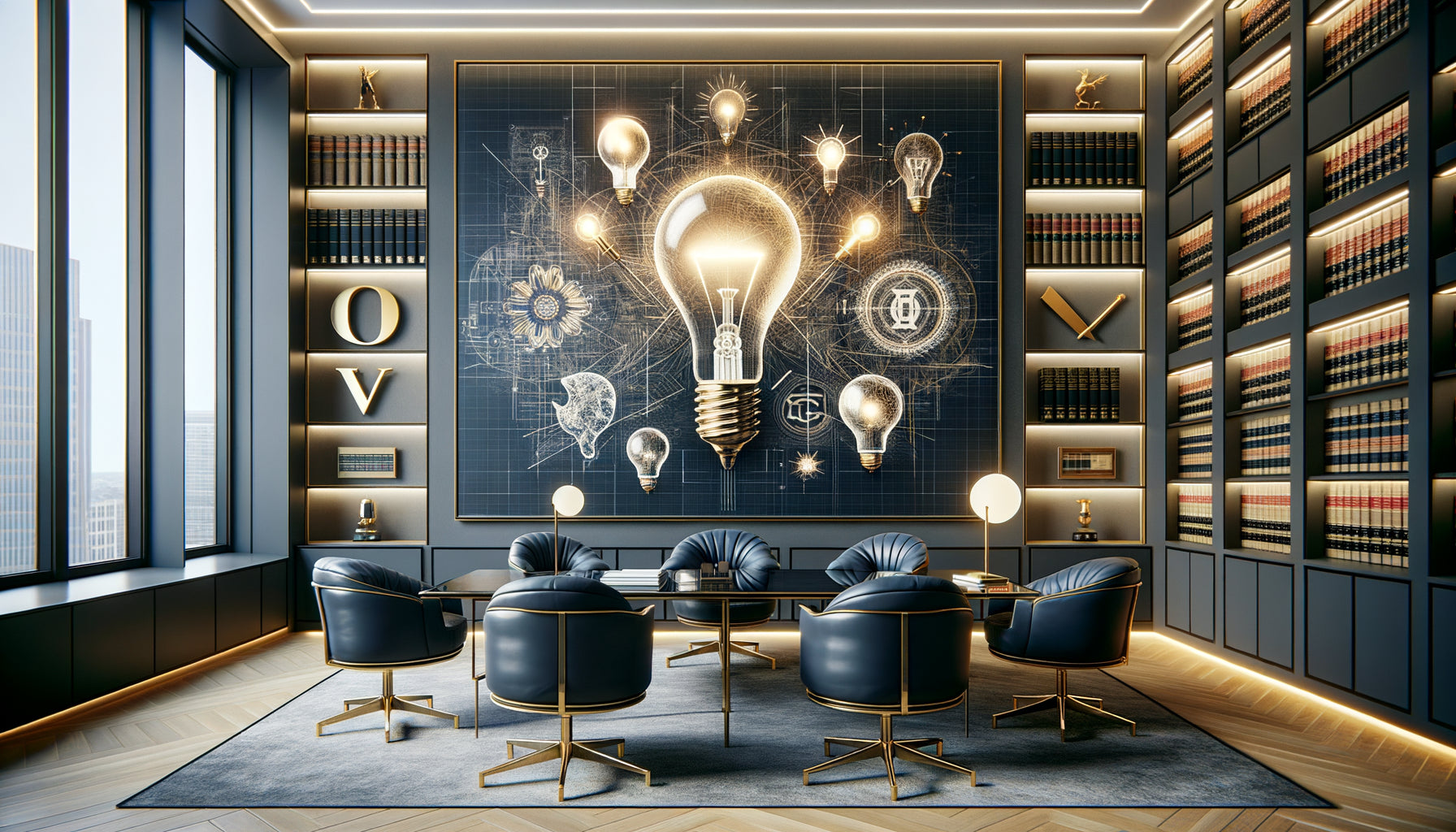 Œuvre murale abstraite évoquant propriété intellectuelle et innovation dans cabinet d'avocat moderne et élégant
