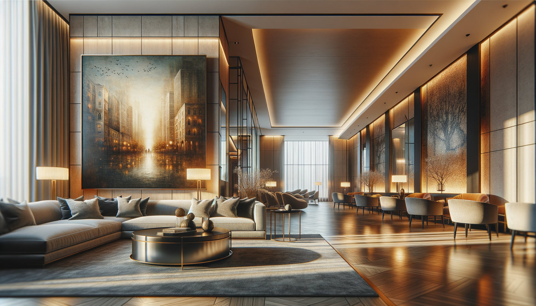 Œuvre murale en édition limitée dans un lobby d'hôtel contemporain haut de gamme avec éclairage sophistiqué
