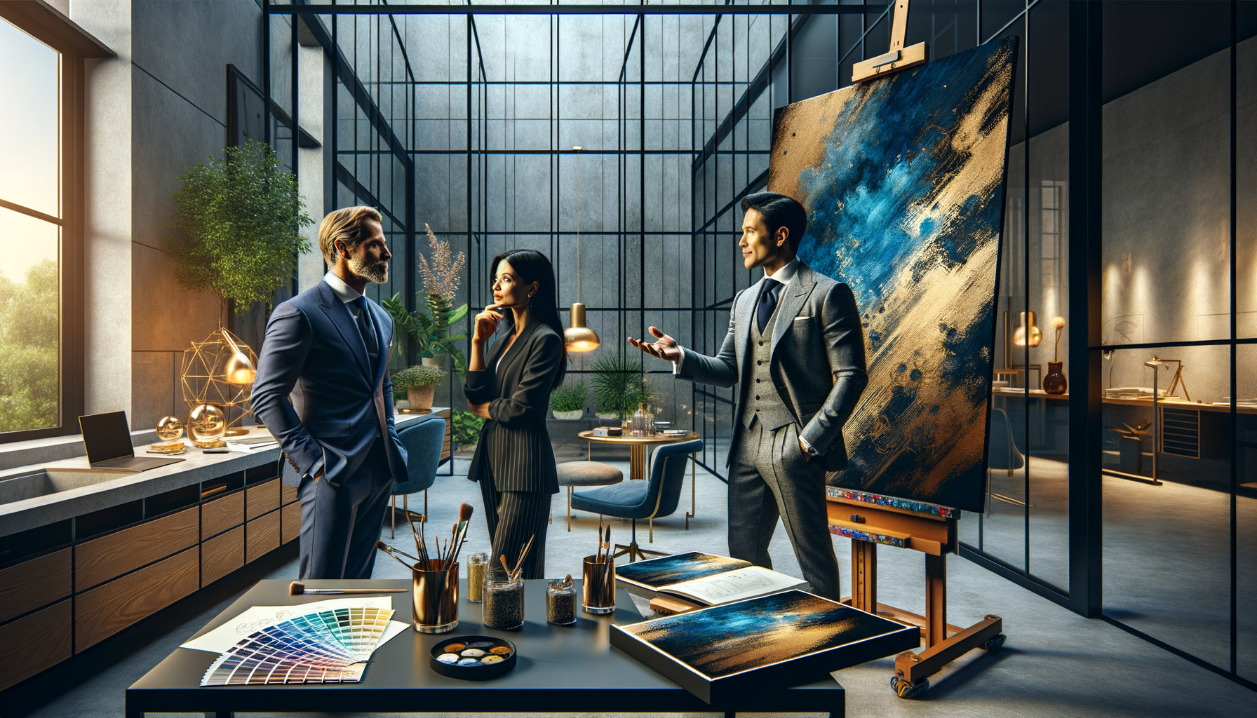 Artiste contemporain consultant des clients professionnels pour création d'œuvre personnalisée dans atelier moderne