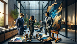 Artiste contemporain consultant des clients professionnels pour création d'œuvre personnalisée dans atelier moderne