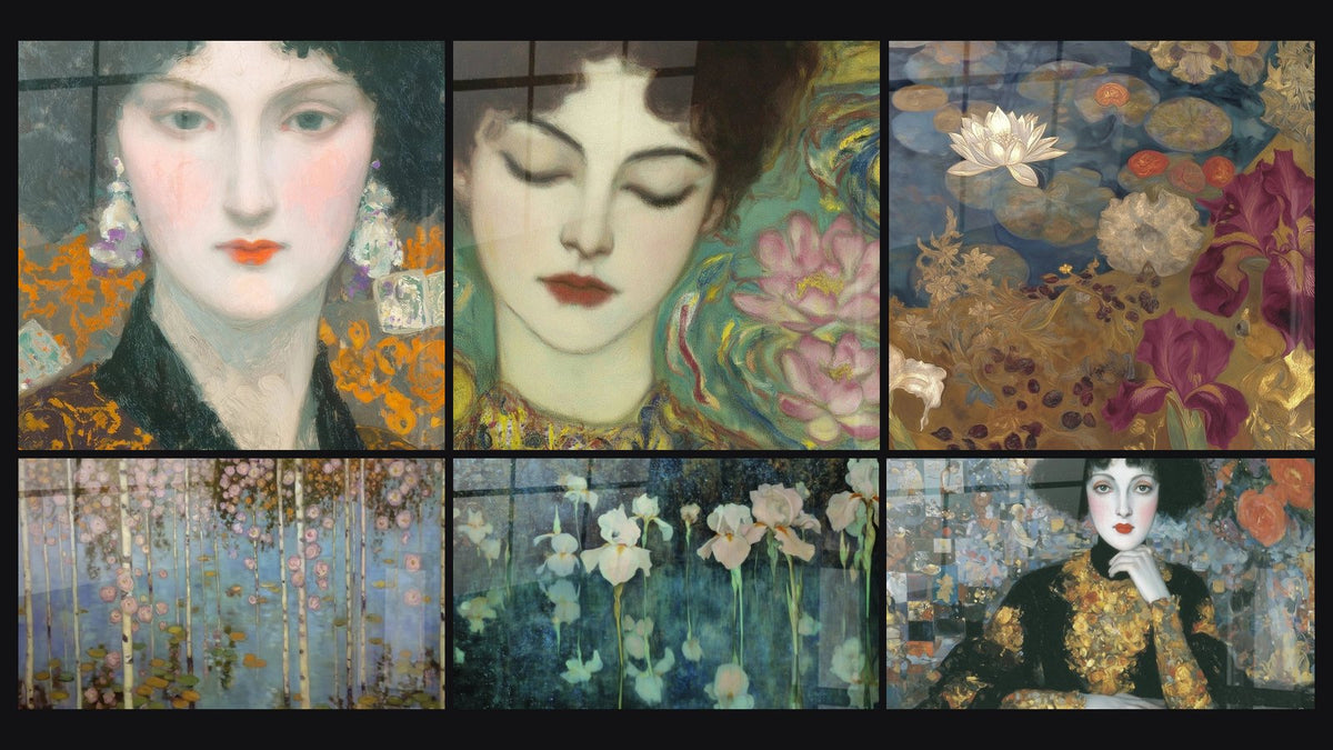 Mosaïque de six tableaux, dont Femme essence féminine, Femme Renaissance Intérieure et Forêt Perle Flottante
