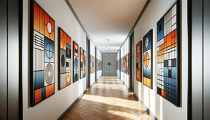 Couloir moderne avec série d'œuvres abstraites géométriques colorées créant un rythme visuel dynamique sur mur blanc