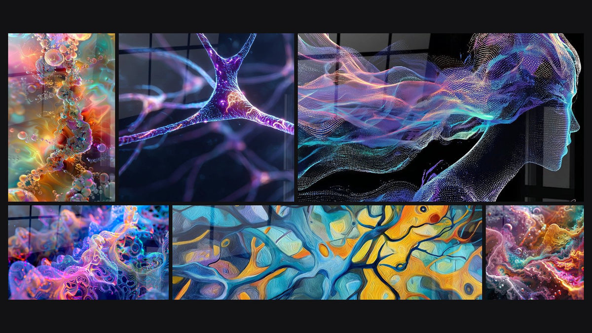 Mosaic of six paintings, including Iridescent Neural Spiral Panel, Synaptic Connections and Abstract Neural Network