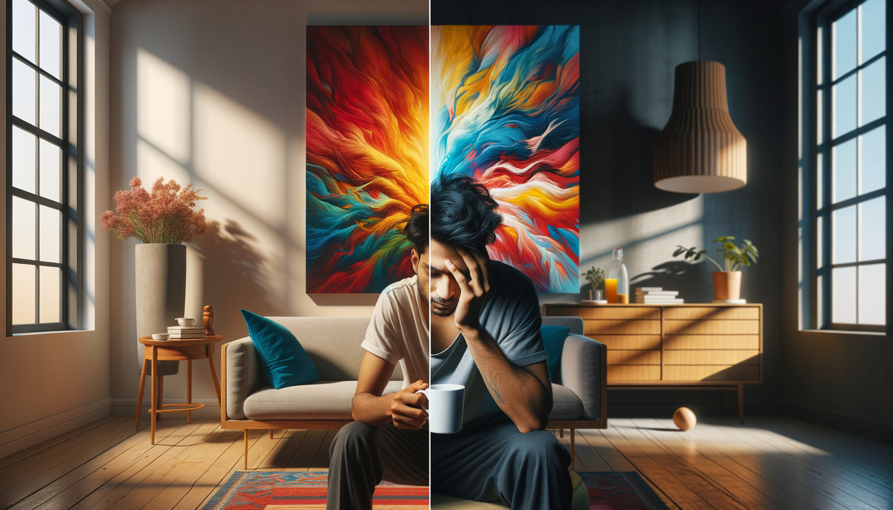Comparaison visuelle montrant l'effet énergisant puis fatigant d'une œuvre très colorée dans un intérieur contemporain