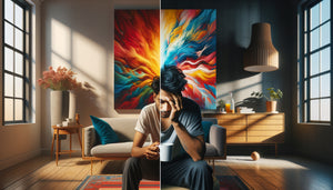 Comparaison visuelle montrant l'effet énergisant puis fatigant d'une œuvre très colorée dans un intérieur contemporain