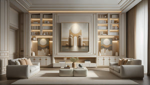 Intérieur contemporain sophistiqué avec bibliothèque centrale encadrée de deux œuvres en diptyque symétriques créant un équilibre visuel harmonieux