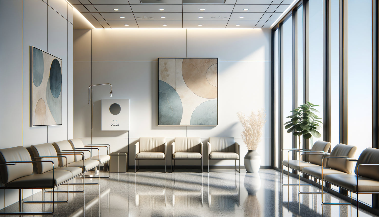 Salle d'attente de cabinet médical contemporain comparant œuvres encadrées et sans cadre sur murs blancs