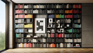 Bibliothèque contemporaine avec œuvres minimalistes noir et blanc créant des respirations visuelles entre livres colorés
