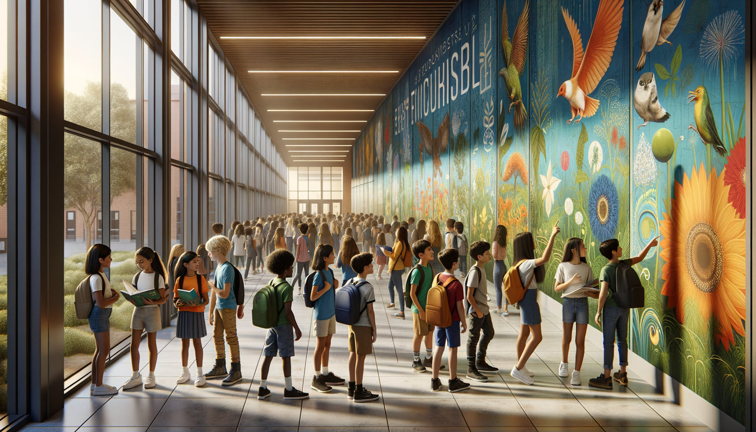 Couloir d'école moderne avec élèves observant une fresque murale éducative colorée aux thèmes inspirants et pédagogiques