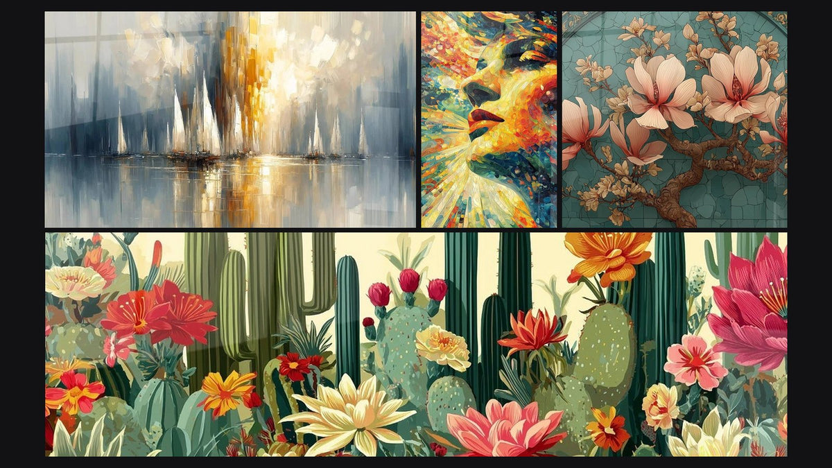 Mosaic of four paintings, including Dawn Over the Bay and Magnolia Emotion Carmine Wall Panel