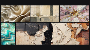 Mosaic of five paintings, including Beige and Gray Geometric Composition and Crystalline Waves