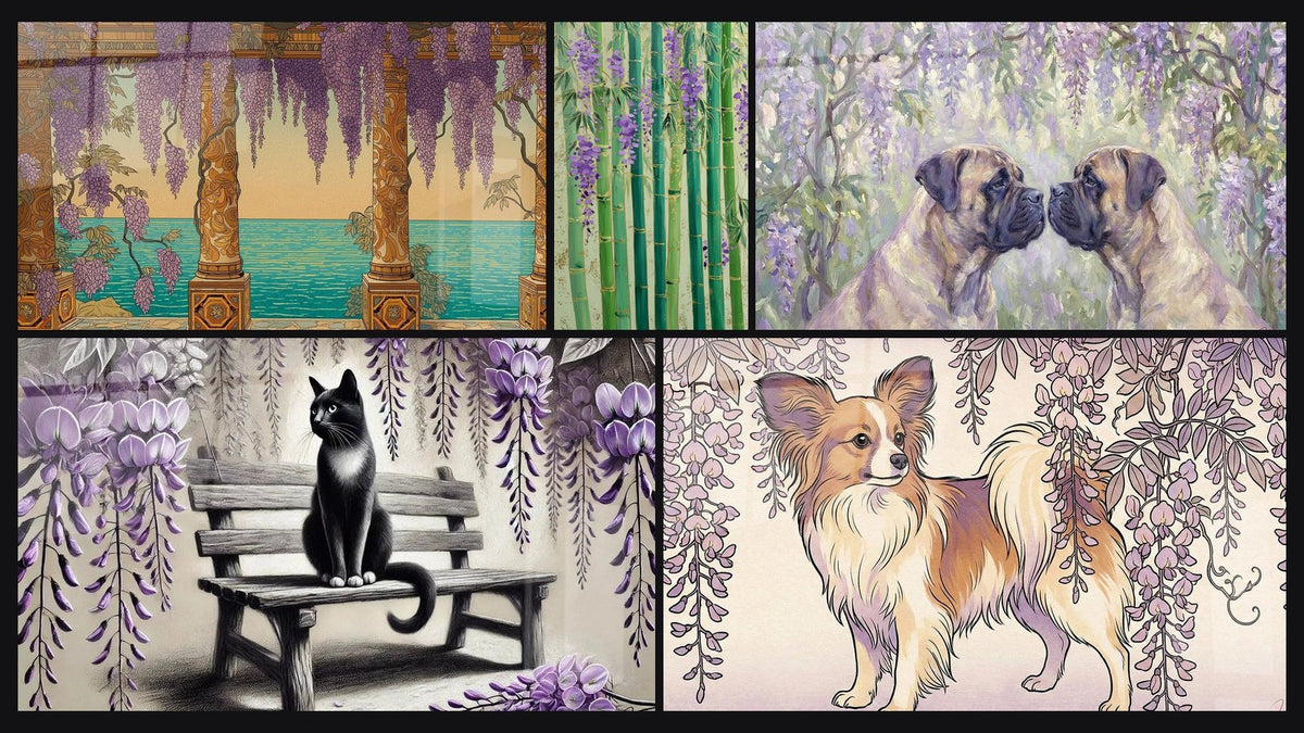 Mosaïque de cinq tableaux, dont Pergola Méditerranéenne, Sous la Glycine et Deux Bullmastiffs sous Glycines Violettes