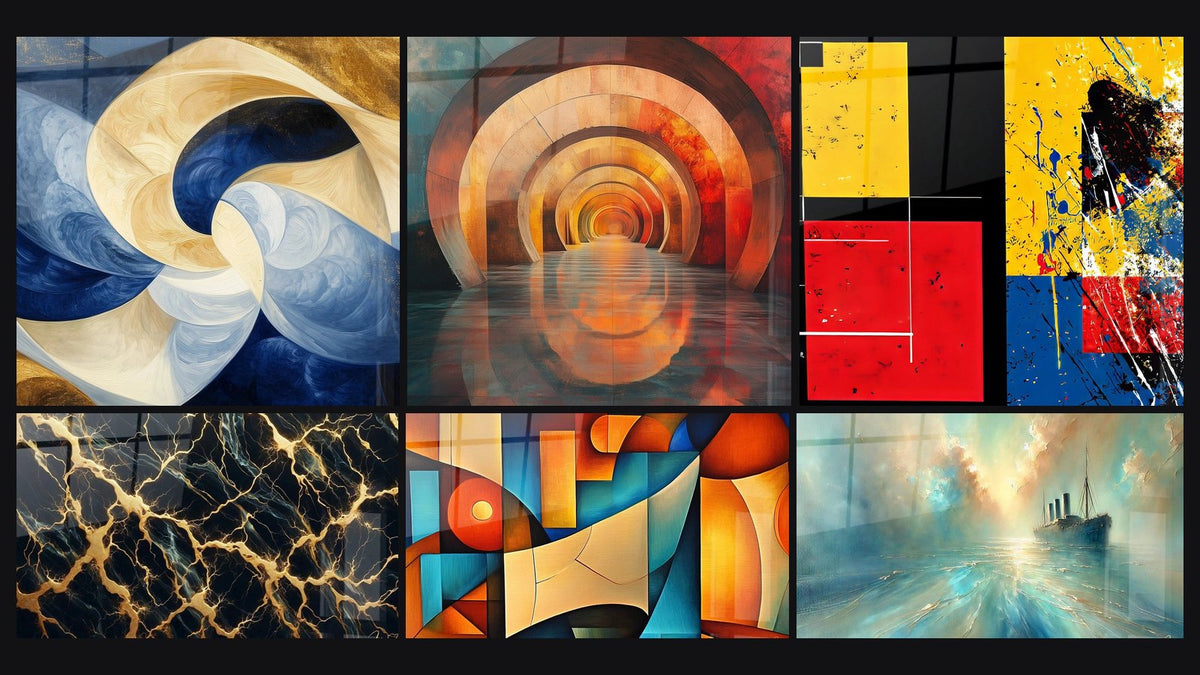 Mosaico di sei quadri, tra cui Respiro Divino Bianco, Circuiti Preziosi e Composizione cubista multicolore