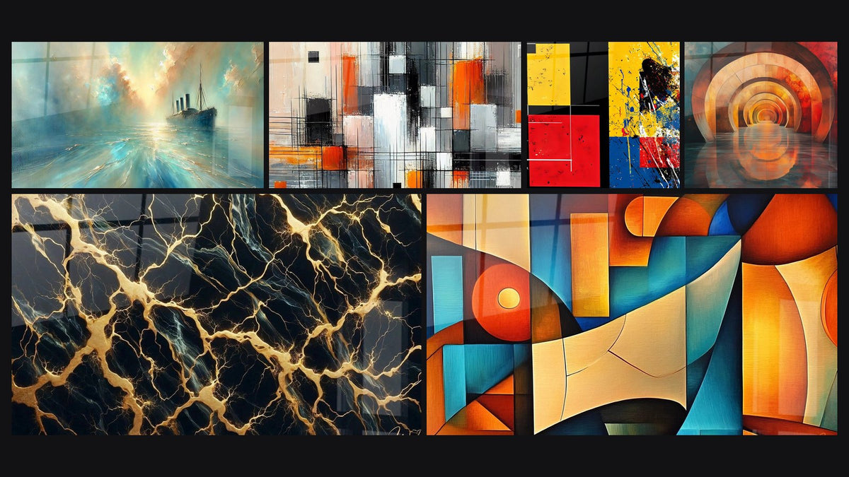 Mosaïque de six tableaux, dont Au Cœur de la Brise, Mécanique des couleurs et Abstraction géométrique colorée