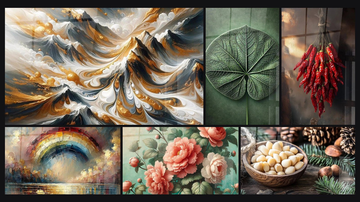 Mosaico de seis cuadros, entre ellos Crestas Doradas, Reverie en Colores y Florecimiento