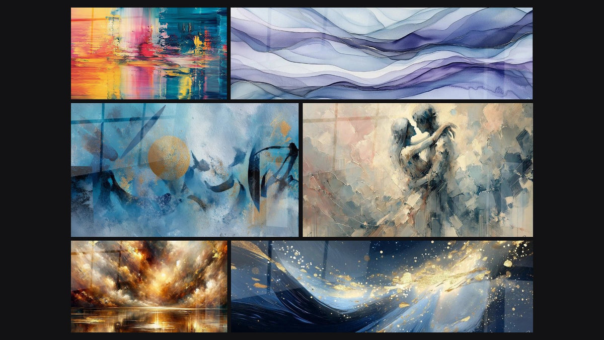 Mozaïek van zes schilderijen, waaronder Abstracte gouden cirkellijst en Schemering van de Elementen