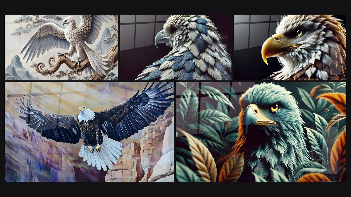 Mosaico di cinque quadri, tra cui Spirito delle Nuvole, Re Spietato Beige e L'Ombra del Re