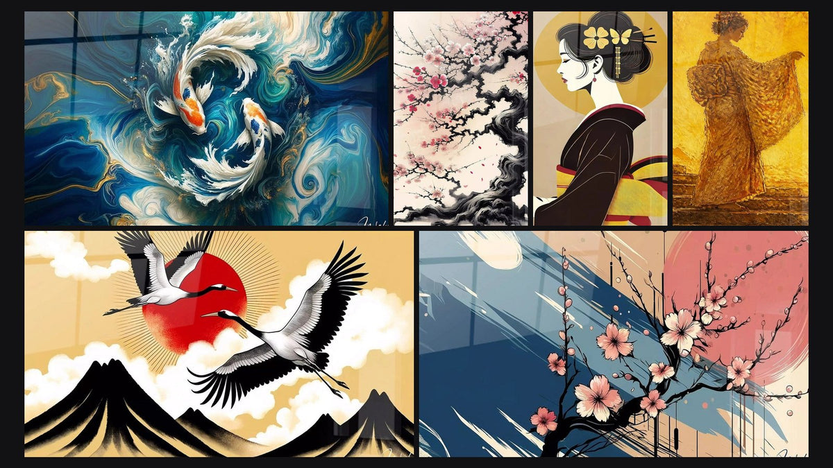 Mosaïque de six tableaux, dont Danse des Koi, Envol Vers le Soleil et Floraison Éternelle