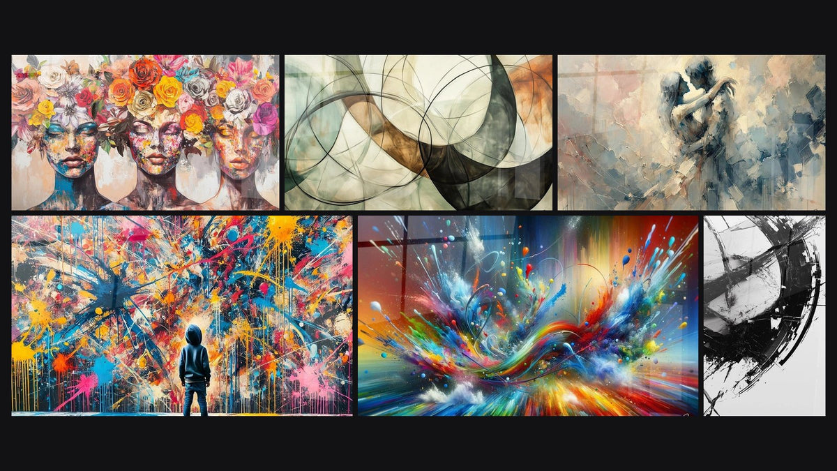Mosaïque de six tableaux, dont Les Muses Fleuries, Les Liens Invisibles et Éclats de Peinture