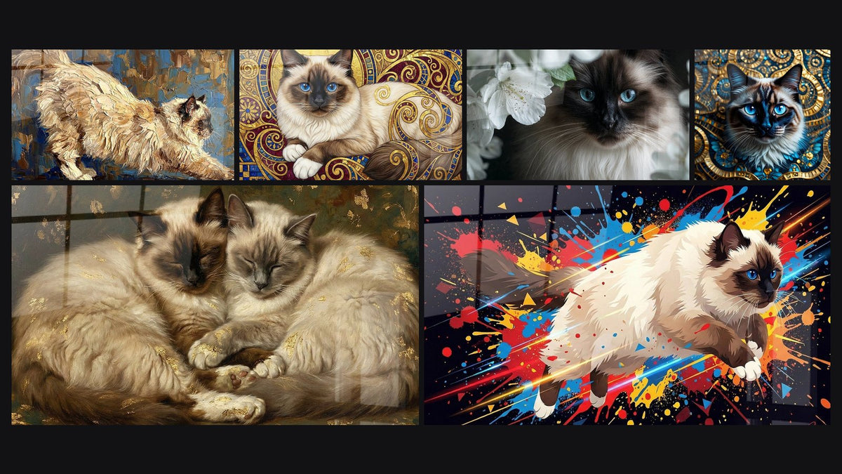 Mosaïque de six tableaux, dont Chat Birman Allongé, Chat Birman Ornements Dorés et Chat Birman aux fleurs de cerisier