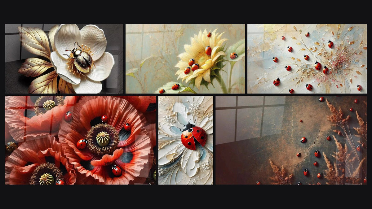 Mosaïque de six tableaux, dont Petit Trésor, Jardin Enchanté et Éclats de Rouge