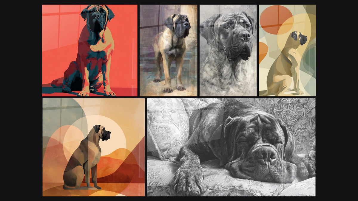 Mosaïque de six tableaux, dont Mastiff Anglais Assis Fond Rouge et Mastiff Anglais Endormi sur Canapé Fleuri