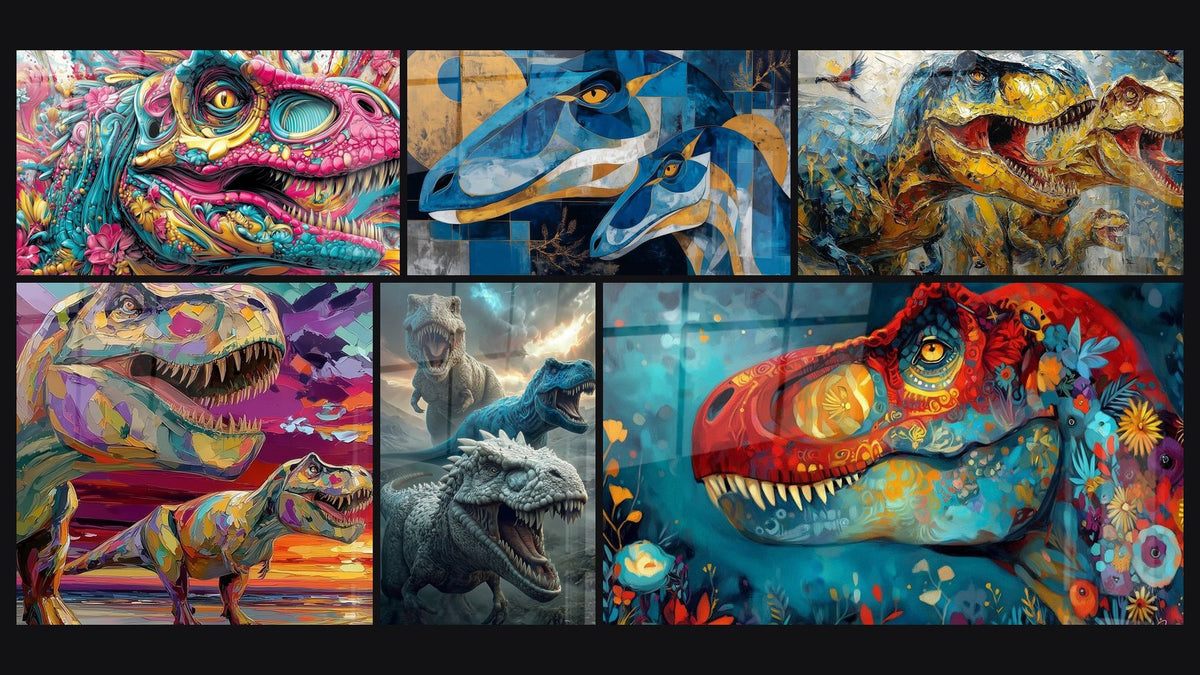 Mosaico de seis cuadros, entre ellos Dinosaurio Psicodélico, Dinosaurios Abstractos y T-Rex Colorido