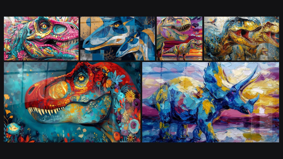 Mosaïque de six tableaux, dont Dinosaure Psychédélique, Dinosaures Abstraits et T-Rex Coloré