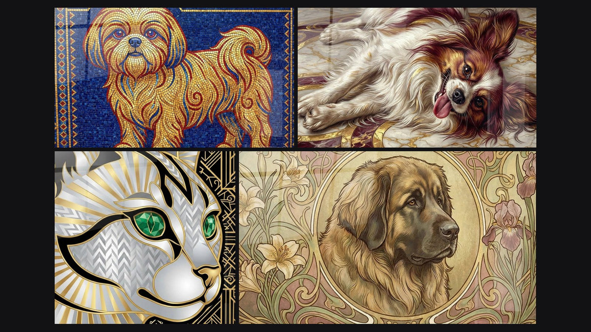 Mosaïque de quatre tableaux, dont Chien Mosaïque Dorée sur Fond Bleu et Chat Art Déco Luxueux
