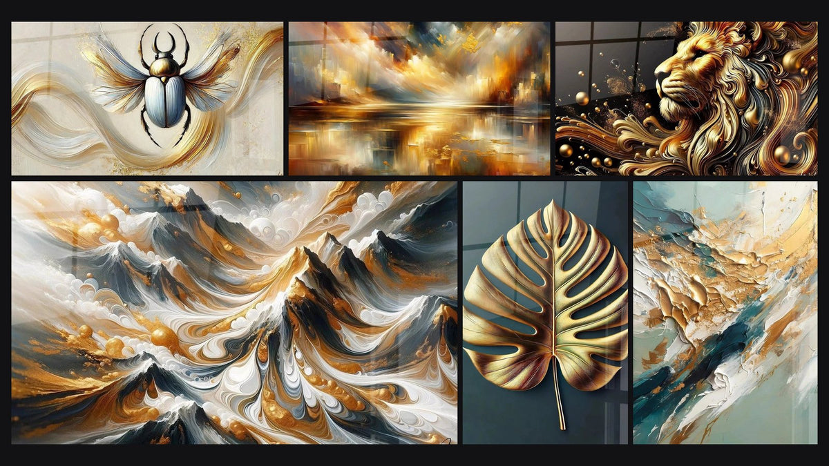 Mosaik aus sechs Gemälden, darunter Der goldene Flug, Goldene Reflexe Stadt und Goldene Grate