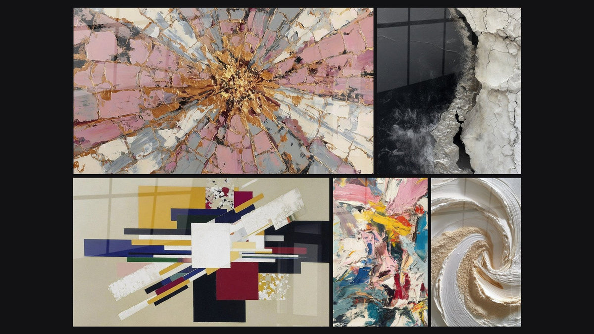 Mosaico de cinco cuadros, entre ellos Explosión Rosa y Oro con Centro Radiante y Composición Geométrica Tensión Creativa